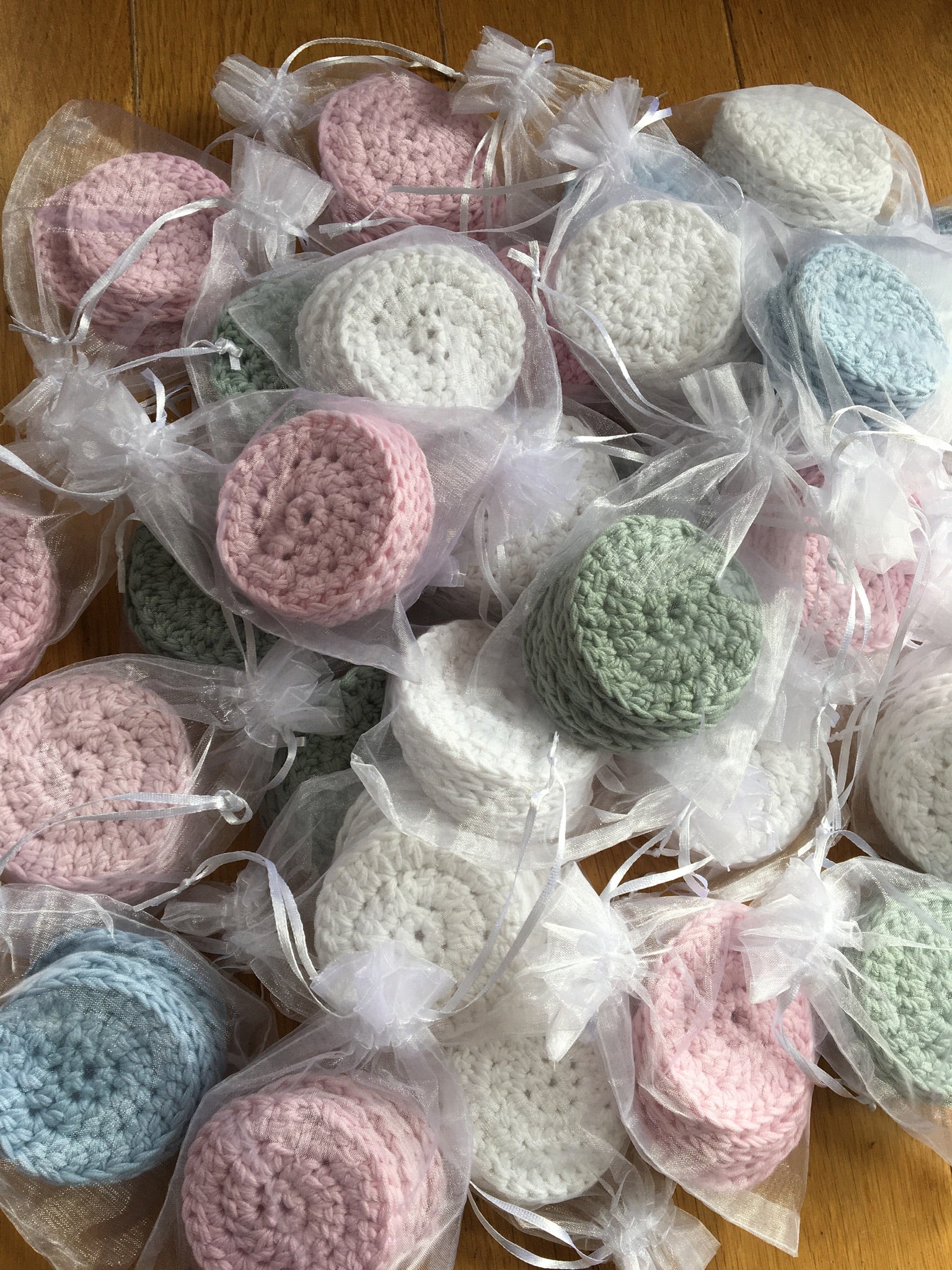 Crocheted, bamboo cotton, cleansing and makeup remover pads. Hand made by me.