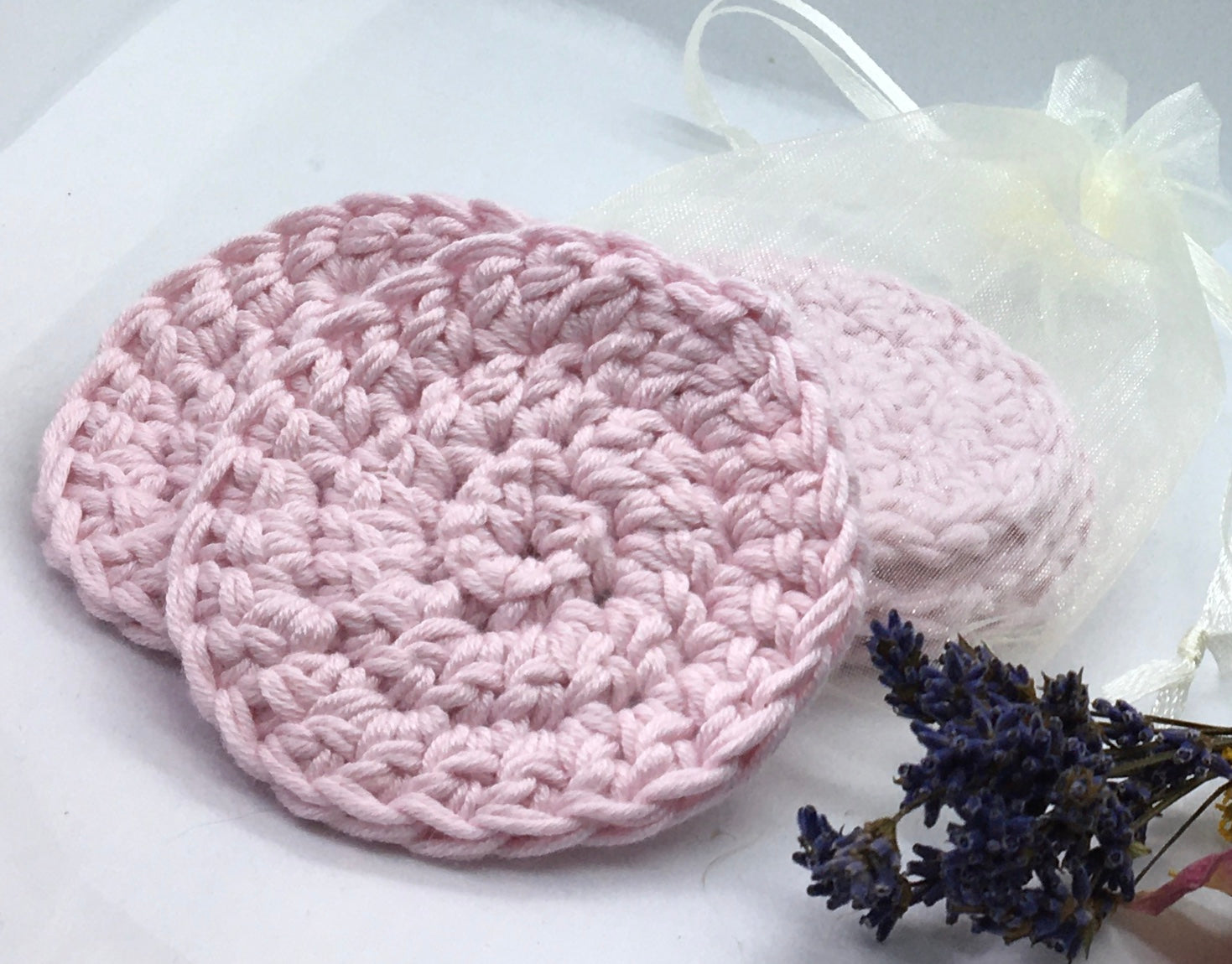 Crocheted, bamboo cotton, cleansing and makeup remover pads. Hand made by me.